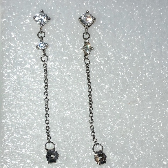 STERLING Silver & Cz Stones Stud Earrings w Chain Attached to Backing .7” - Picture 1 of 6